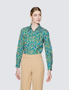 Women's Green & Orange Floral Print Semi Fitted Cotton Shirt-preview3