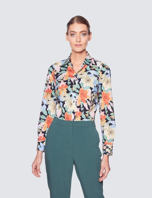 Women's Black & Green Floral Print Semi Fitted Cotton Shirt