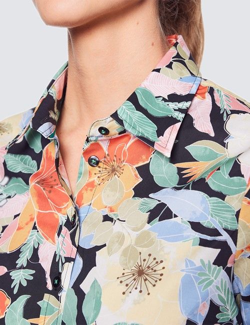 Women's Black & Green Floral Print Semi Fitted Cotton Shirt-preview