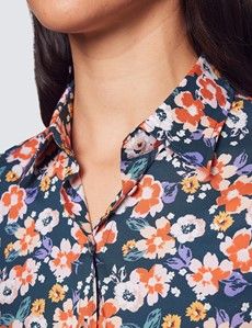 Women's Green & Pink Floral Print Semi Fitted Cotton Shirt