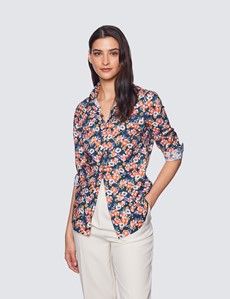 Women's Green & Pink Floral Print Semi Fitted Cotton Shirt