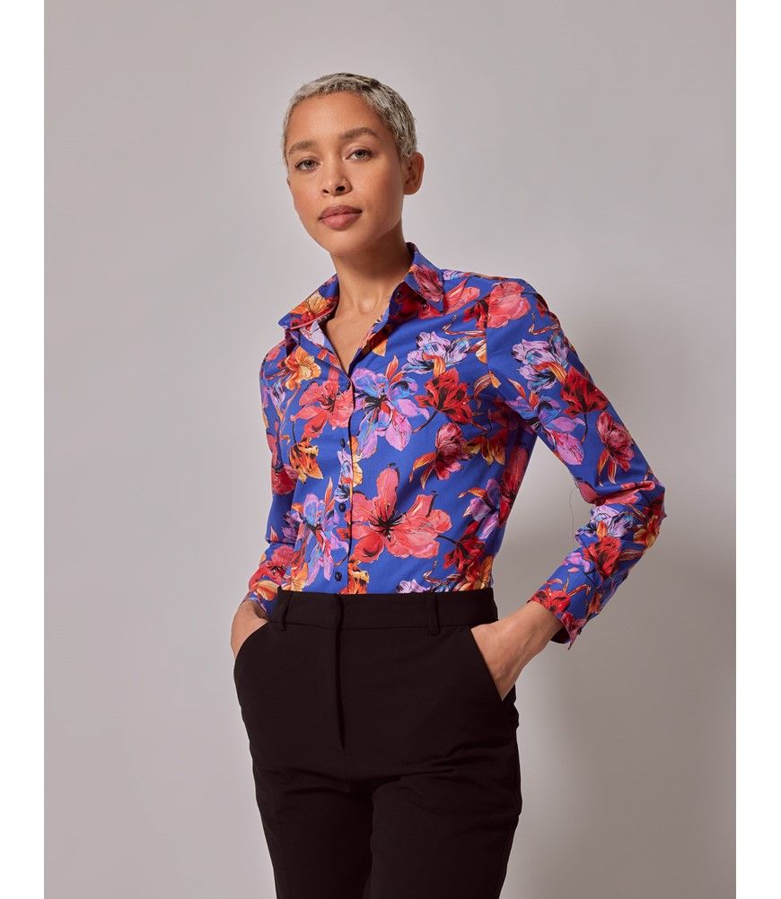 Women's Blue & Pink Floral Semi-Fitted Cotton Shirt | Hawes