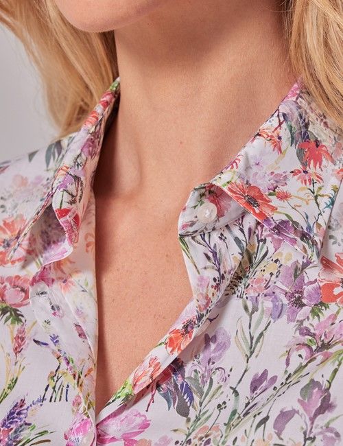 White & Red Floral Semi-Fitted Cotton Shirt-preview