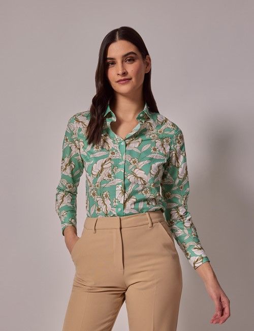 Cream & Green Tropical Floral Semi-Fitted Cotton Shirt