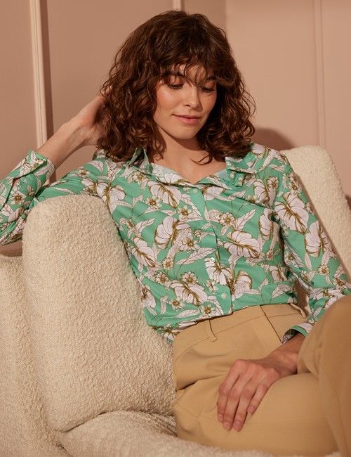 Cream & Green Tropical Floral Semi-Fitted Cotton Shirt-preview