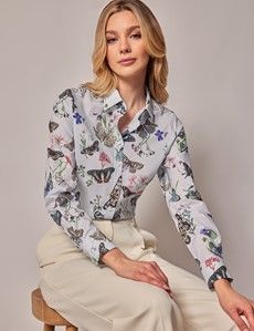 Blue & Green Butterfly Floral Semi-Fitted Cotton Shirt