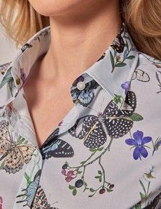 Blue & Green Butterfly Floral Semi-Fitted Cotton Shirt