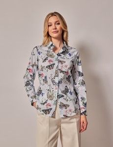 Blue & Green Butterfly Floral Semi-Fitted Cotton Shirt
