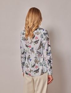 Blue & Green Butterfly Floral Semi-Fitted Cotton Shirt
