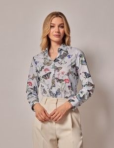 Blue & Green Butterfly Floral Semi-Fitted Cotton Shirt