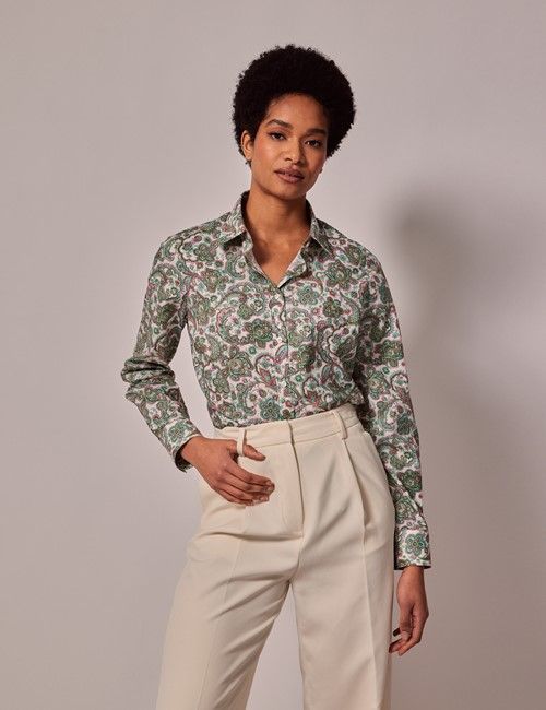 Cream & Green Paisley Semi-Fitted Cotton Shirt