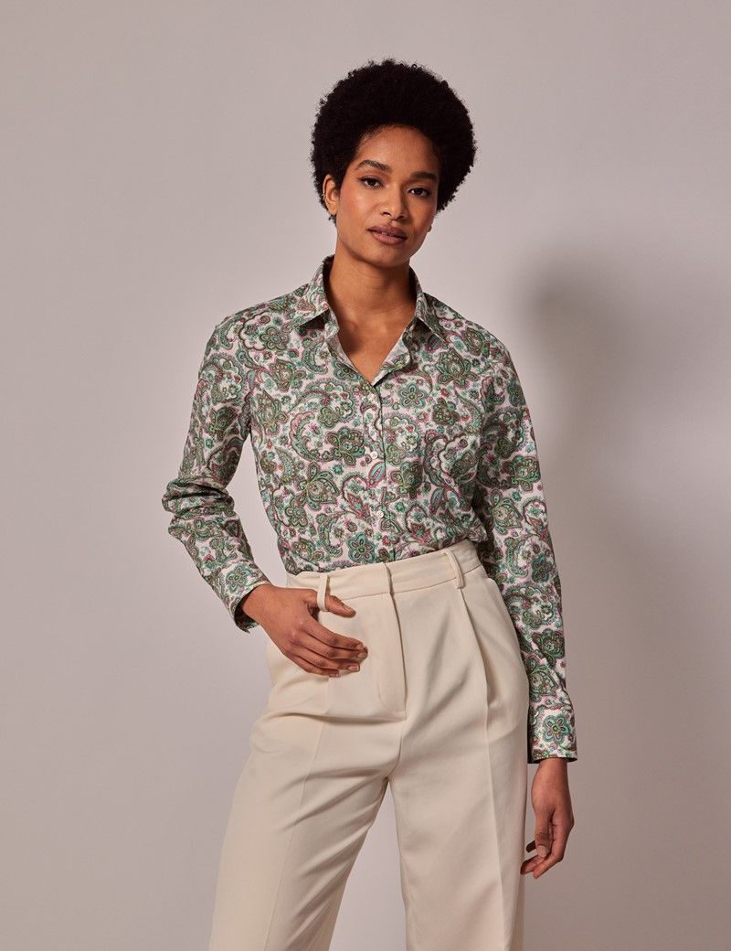 Cream & Green Paisley Semi-Fitted Cotton Shirt