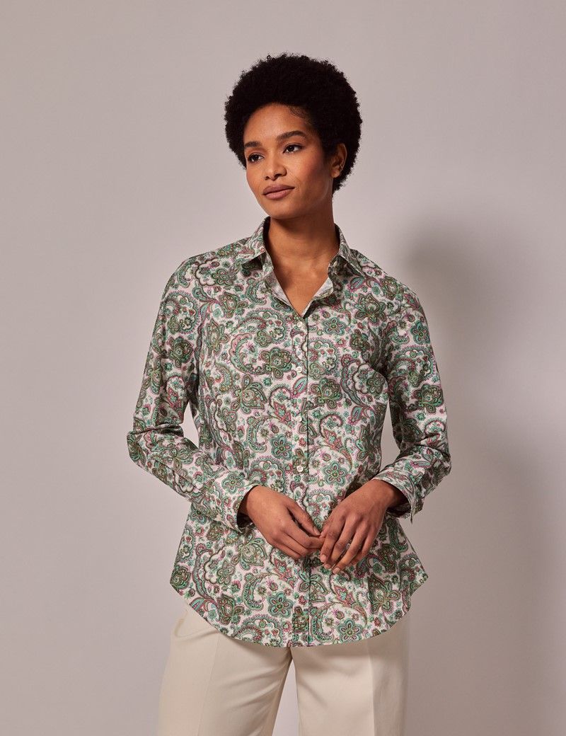 Women's Cream & Green Paisley Semi-Fitted Cotton Shirt | Hawes & Curtis