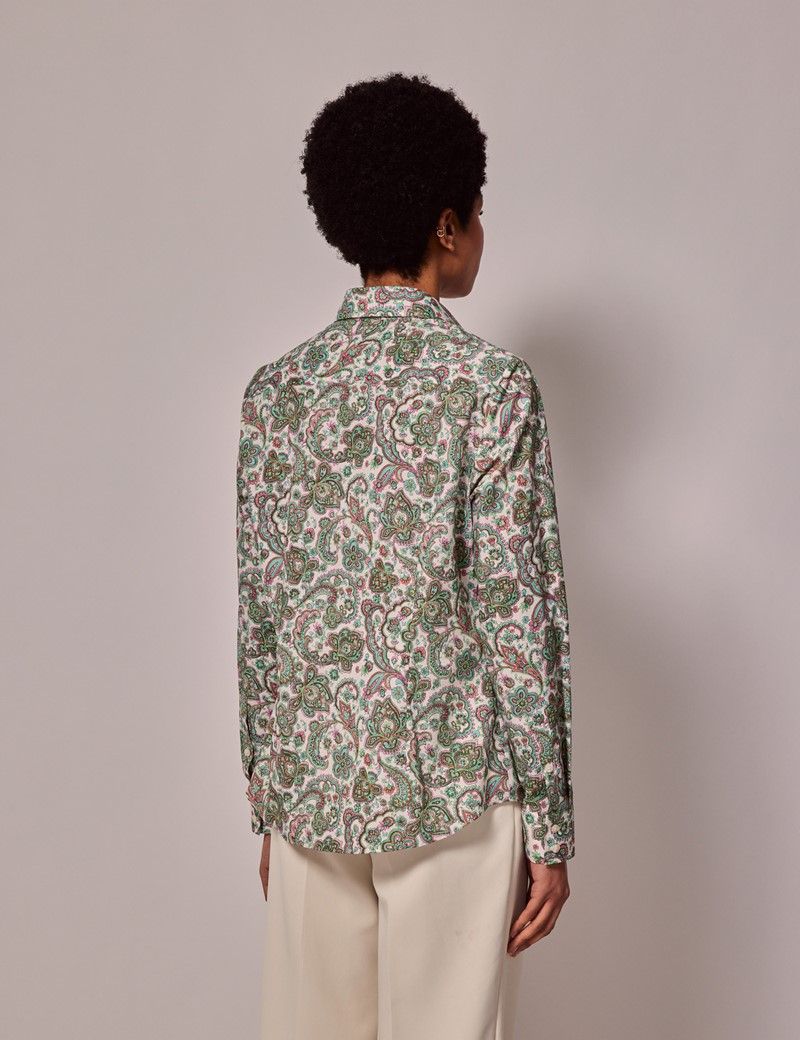 Women's Cream & Green Paisley Semi-Fitted Cotton Shirt | Hawes & Curtis