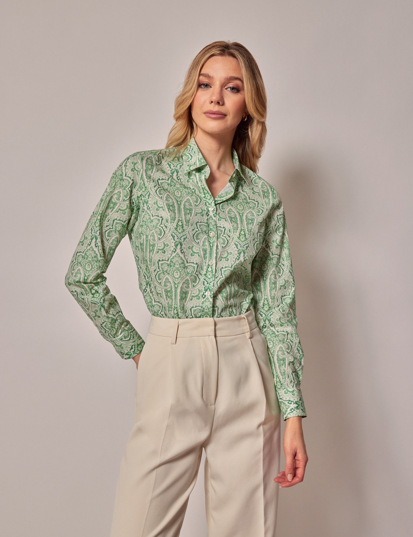 Womens Green And Cream Paisley Semi Fitted Cotton Shirt Hawes And Curtis 1626