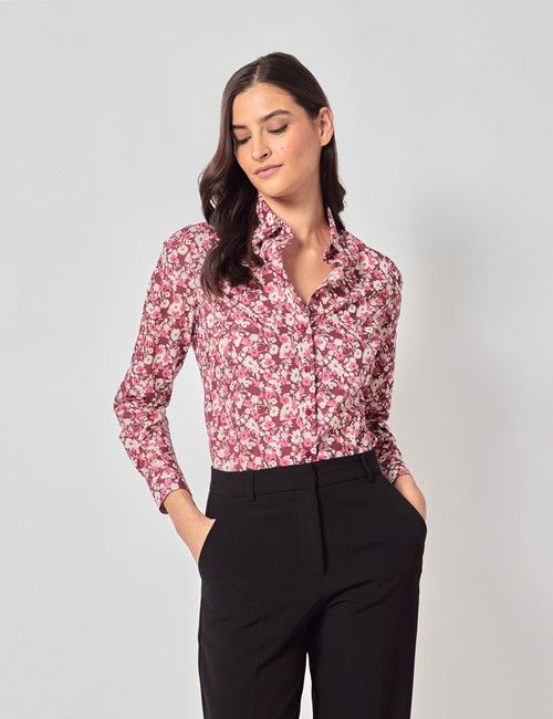 Wine & Pink Floral Semi-Fitted Cotton Shirt