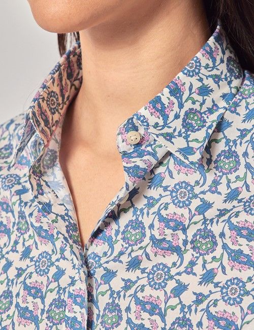 Cream & Blue Floral Cotton Semi-Fitted Shirt-preview
