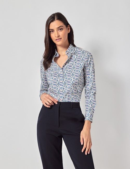 Cream & Blue Floral Cotton Semi-Fitted Shirt
