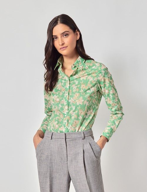 Green & White Floral Cotton Semi-Fitted Shirt