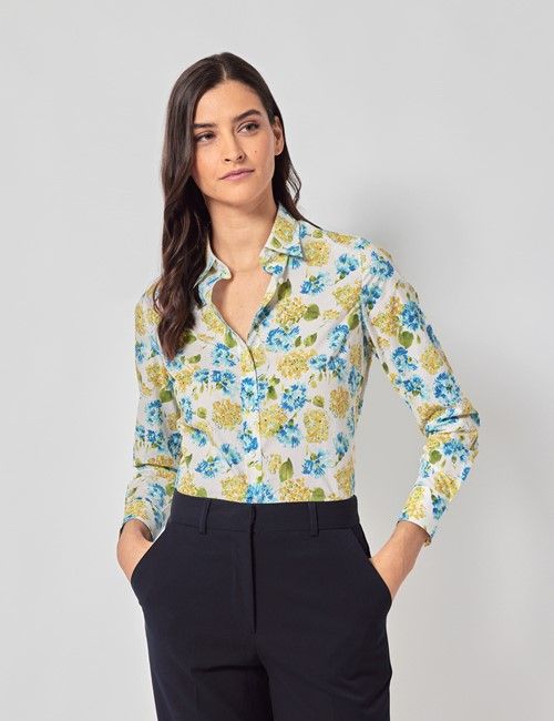 White & Yellow Floral Cotton Semi-Fitted Shirt