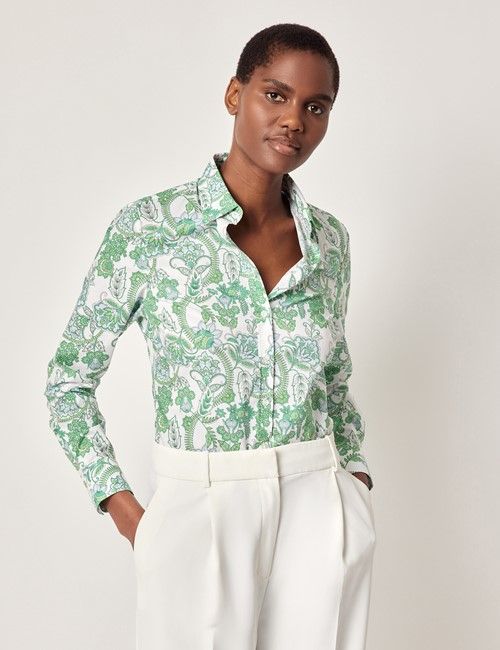 Green & White Paisley Floral Cotton Semi-Fitted Shirt