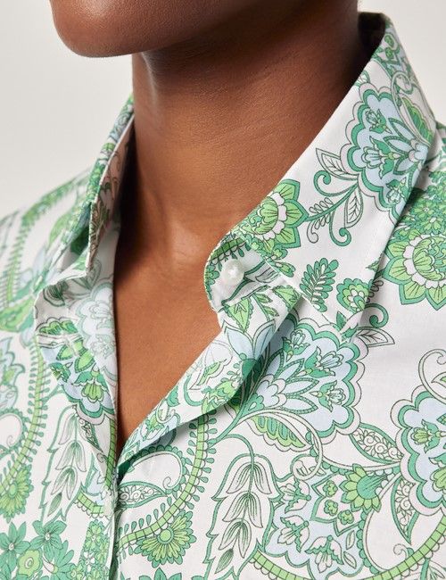 Green & White Paisley Floral Cotton Semi-Fitted Shirt-preview