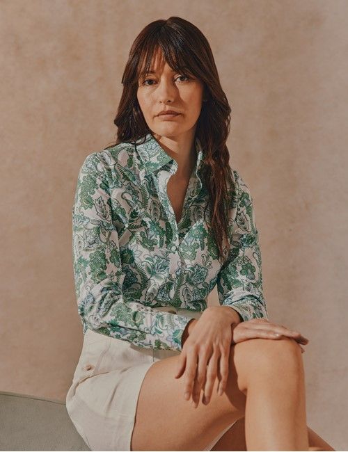 Green & White Paisley Floral Cotton Semi-Fitted Shirt-preview