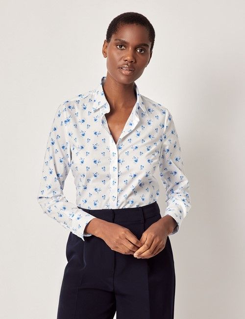 White & Blue Rose Floral Cotton Semi-Fitted Shirt