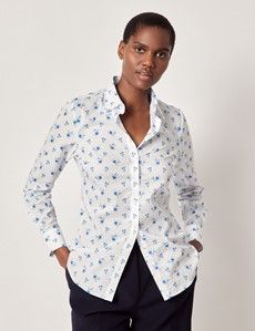 Semi-Fitted White & Blue Rose Floral Shirt