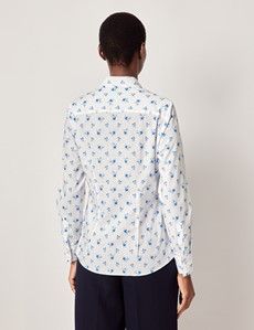 Semi-Fitted White & Blue Rose Floral Shirt
