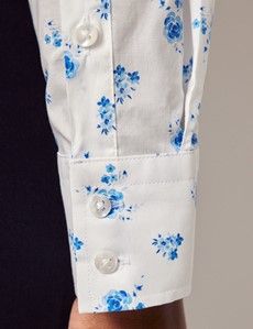 Semi-Fitted White & Blue Rose Floral Shirt