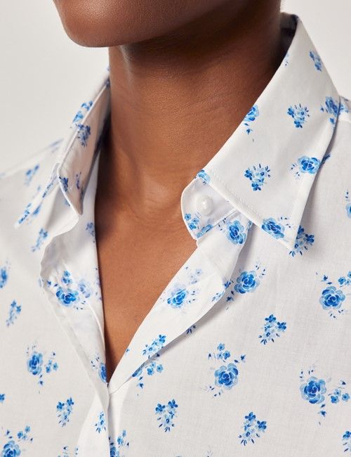 White & Blue Rose Floral Cotton Semi-Fitted Shirt-preview
