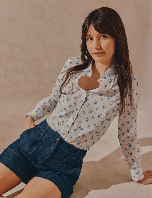 White & Blue Rose Floral Cotton Semi-Fitted Shirt-preview