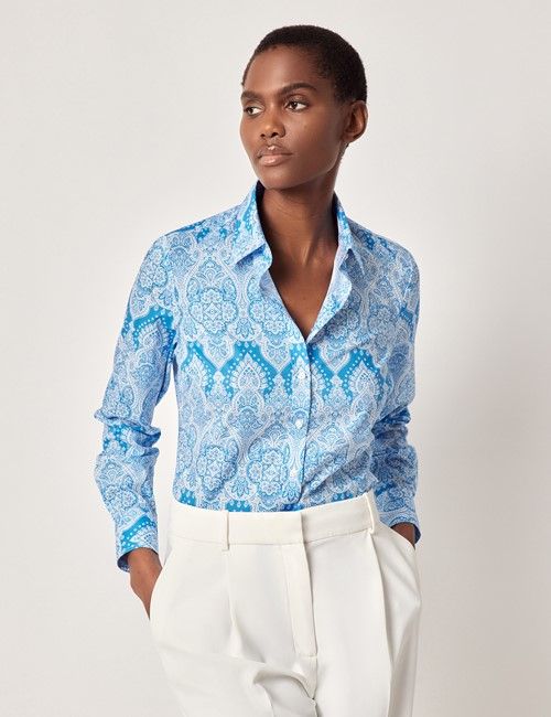 Blue & White Two Tone Paisley Cotton Semi-Fitted Shirt