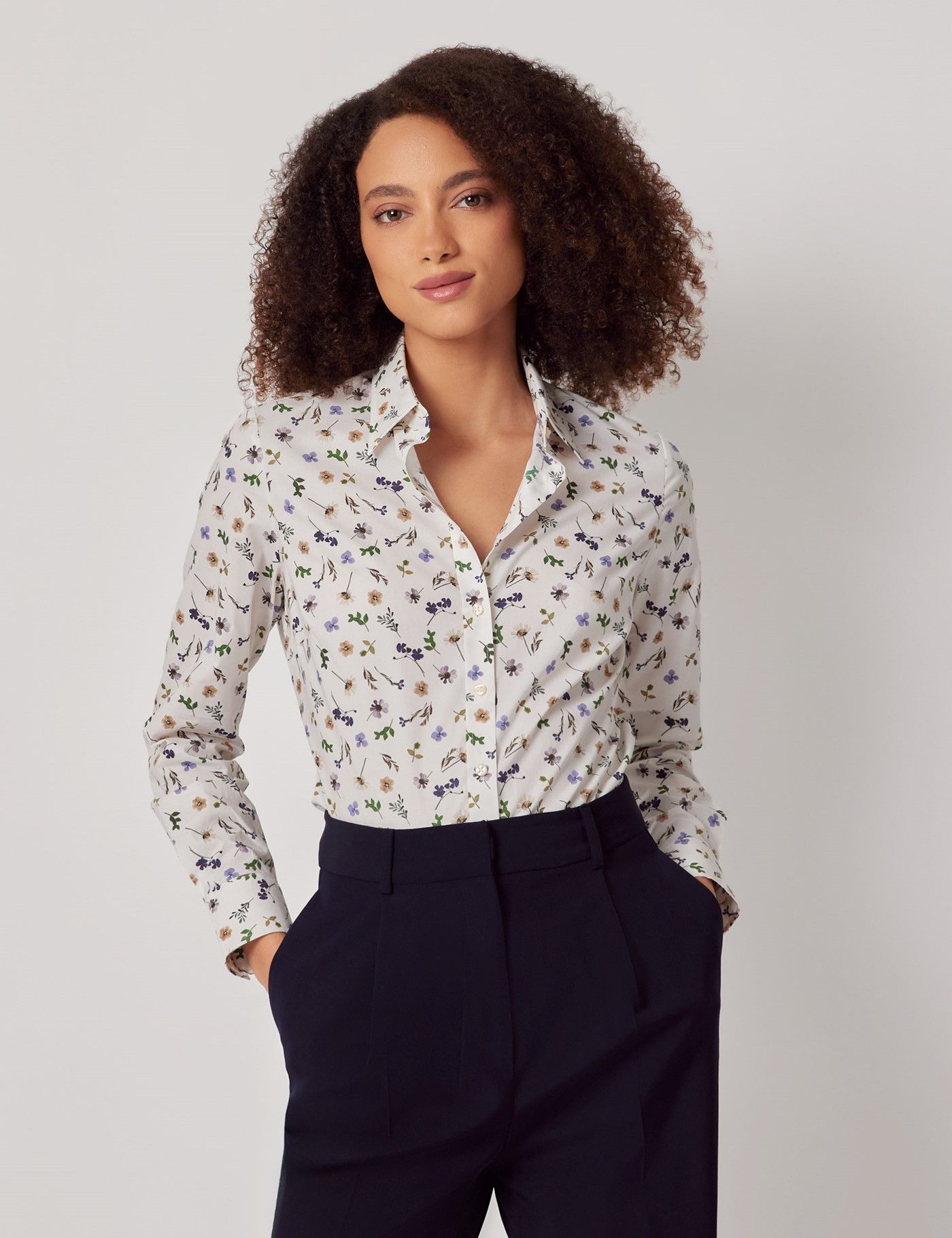 Semi-Fitted Cream & Purple Pressed Flowers Shirt