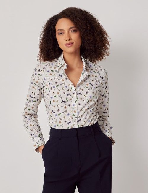 Cream & Purple Pressed Flowers Cotton Semi-Fitted Shirt