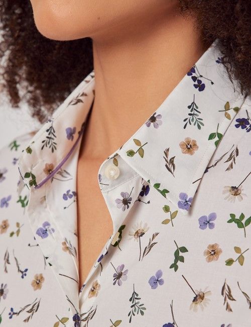 Cream & Purple Pressed Flowers Cotton Semi-Fitted Shirt-preview