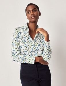 Semi-Fitted White & Blue Floral Shirt