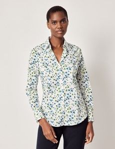 Semi-Fitted White & Blue Floral Shirt