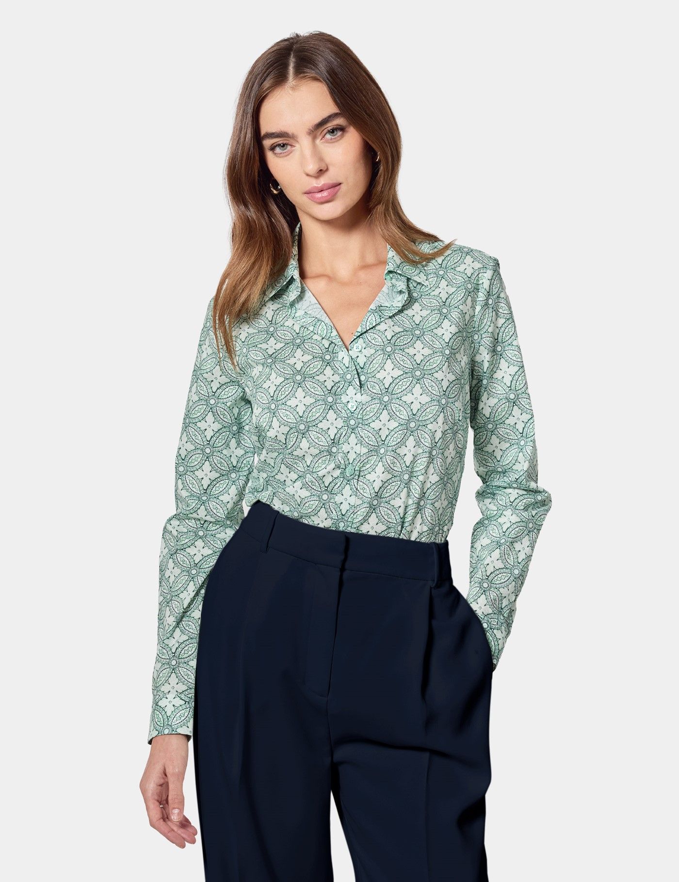 Semi-Fitted Green & White Floral Geo Shirt