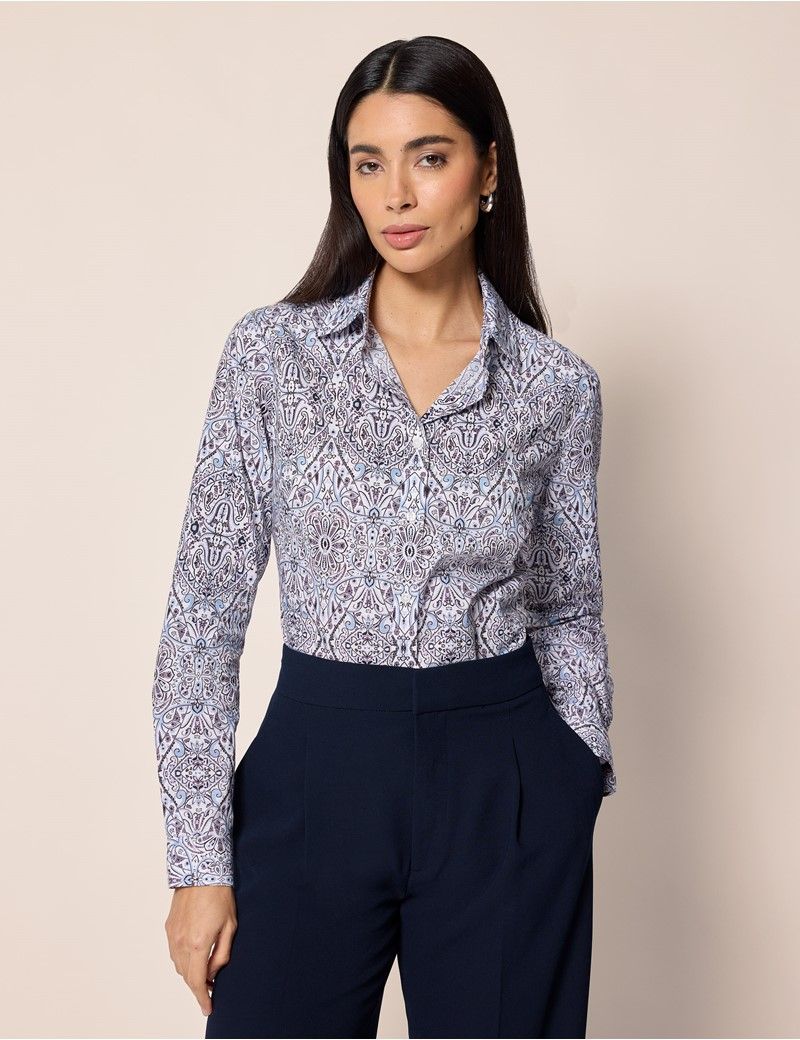 Semi-Fitted White & Purple Paisley Shirt