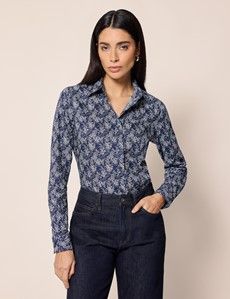 Semi-Fitted Navy & White Floral Shirt