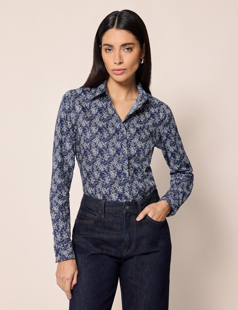 Semi-Fitted Navy & White Floral Shirt