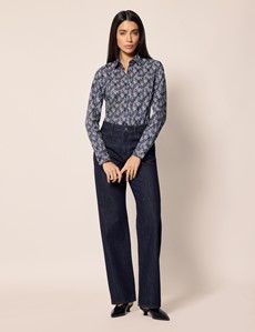 Semi-Fitted Navy & White Floral Shirt