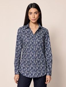 Semi-Fitted Navy & White Floral Shirt