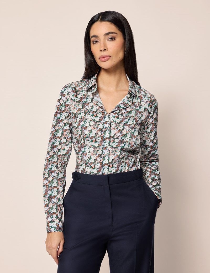 Semi-Fitted White & Black Floral Shirt