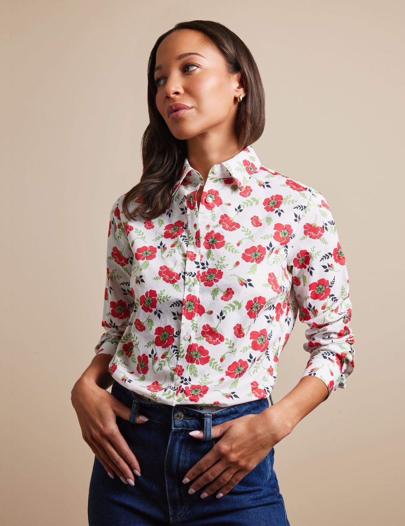 Fitted White & Green Vintage Floral Shirt