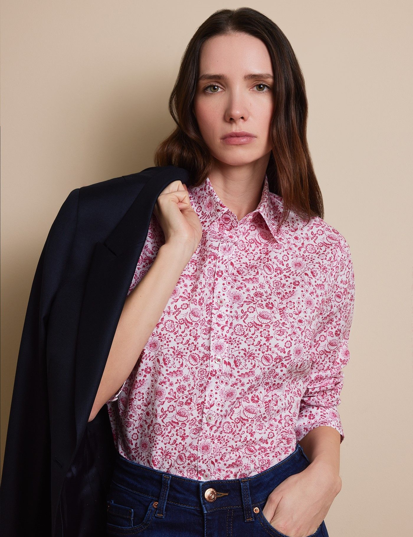 Cream & Black Floral Semi-Fitted Cotton Shirt