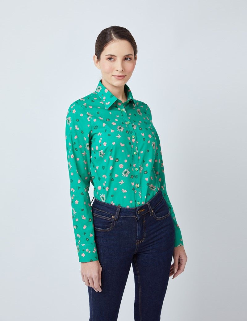 Semi-Fitted Green & Pink Floral Shirt