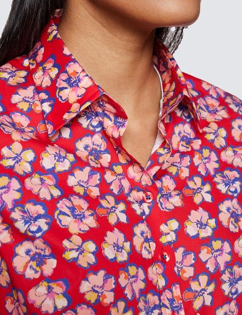 Women's Red & Purple Floral Print Semi Fitted Cotton Stretch Shirt-preview